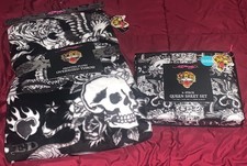 Ed Hardy Black w/Tigers,Skulls,Cobras,Eagle QUEEN Sheet Set Plush Throw Blanket