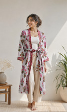 Women's Cotton Kimono Robe Multi Floral Print Boho Dressing Gown Lounge Wear US