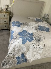 queen comforter Hawaiian Print Floral Gray Blue Wht Island Aloha