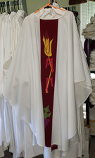 PRIEST CLERGY CHASUBLE VESTMENT WHITE W/VELVET ORPHREY HARBRO IMPERFECT