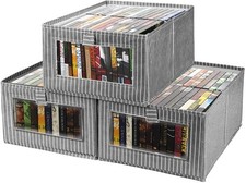 3 Pack Foldable Fabric Storage Bins Grey Linen Cube Organizers Clear Window 15"