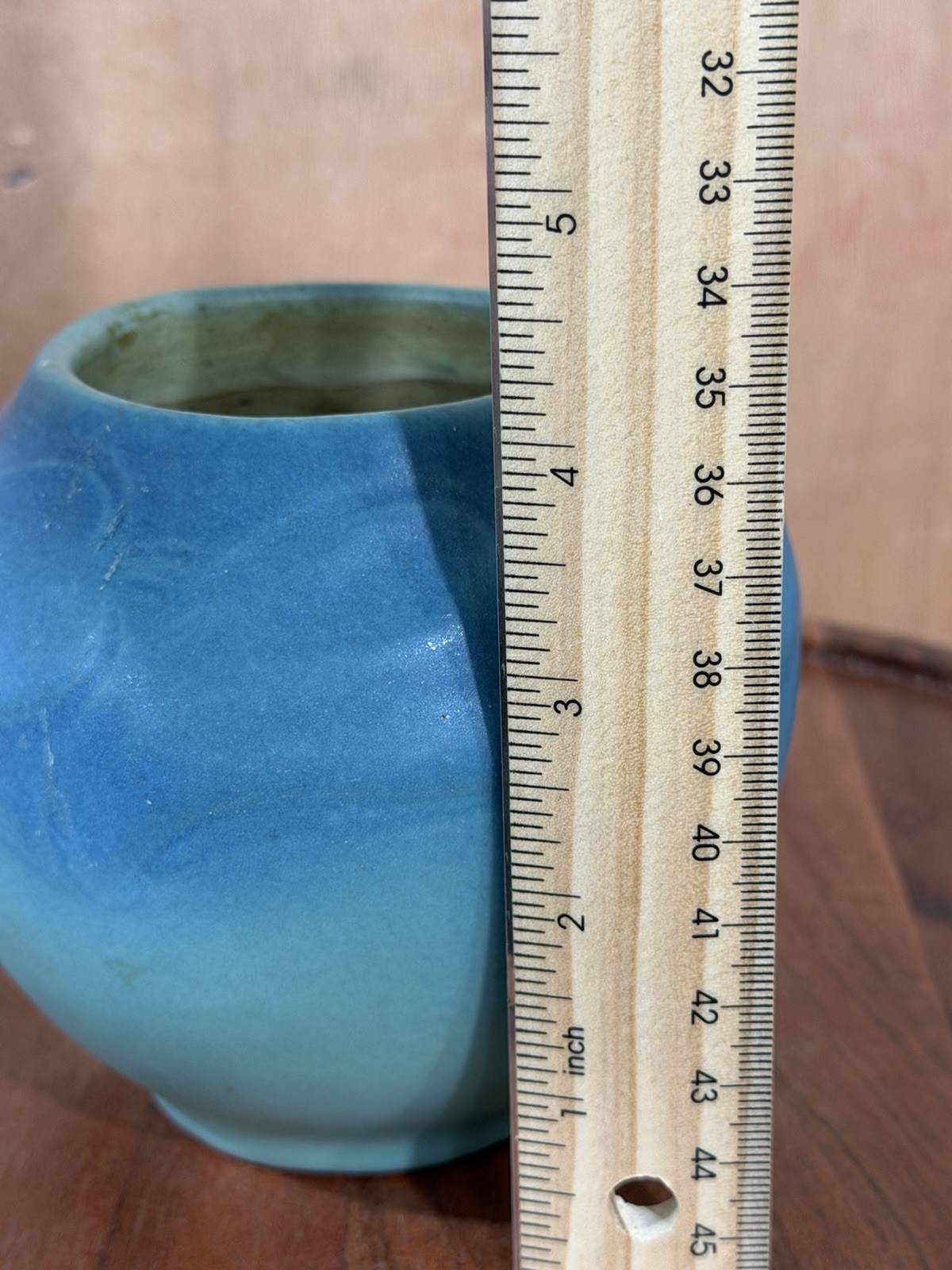 Vintage VAN BRIGGLE BLUE BOWL VASE - LEAF DESIGN - 4" T - SIGNED thumbnail 10