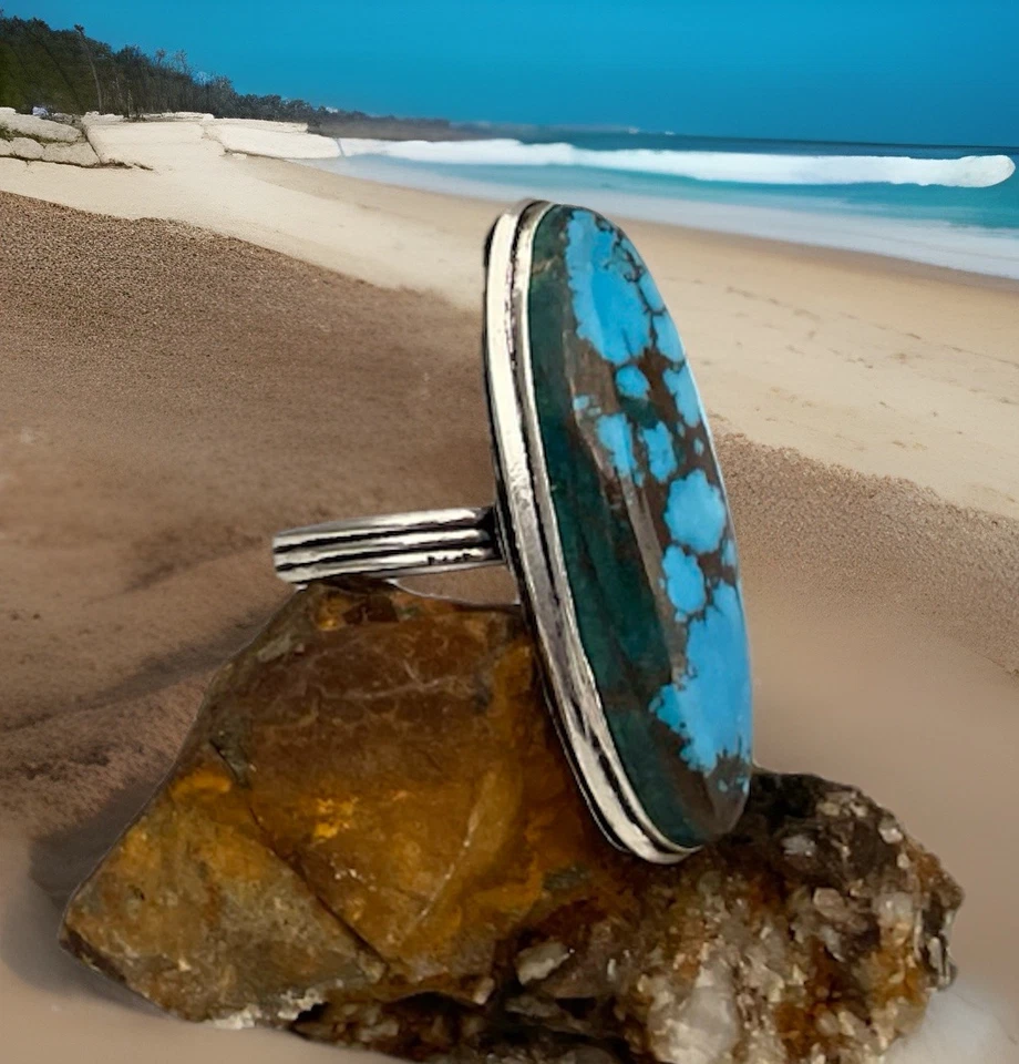 Anillo de piedras preciosas artesanales turquesa talla 11 - enchapado en plata 925 - nuevo Foto 2 de 4