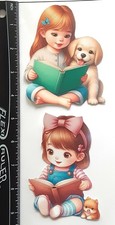 Lot of 2 Young Girls Reading Kitten Puppy SINGLE LAYER Embellishments 867