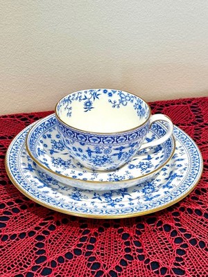 TRIO Antik 1885 Royal Crown Derby Osborne Blau & Weiß Teetasse, Untertasse, Teller