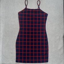 Shein Straight Neckline Plaid Navy Blue And Red Bodycon Mini Dress Sz Xs NWOT