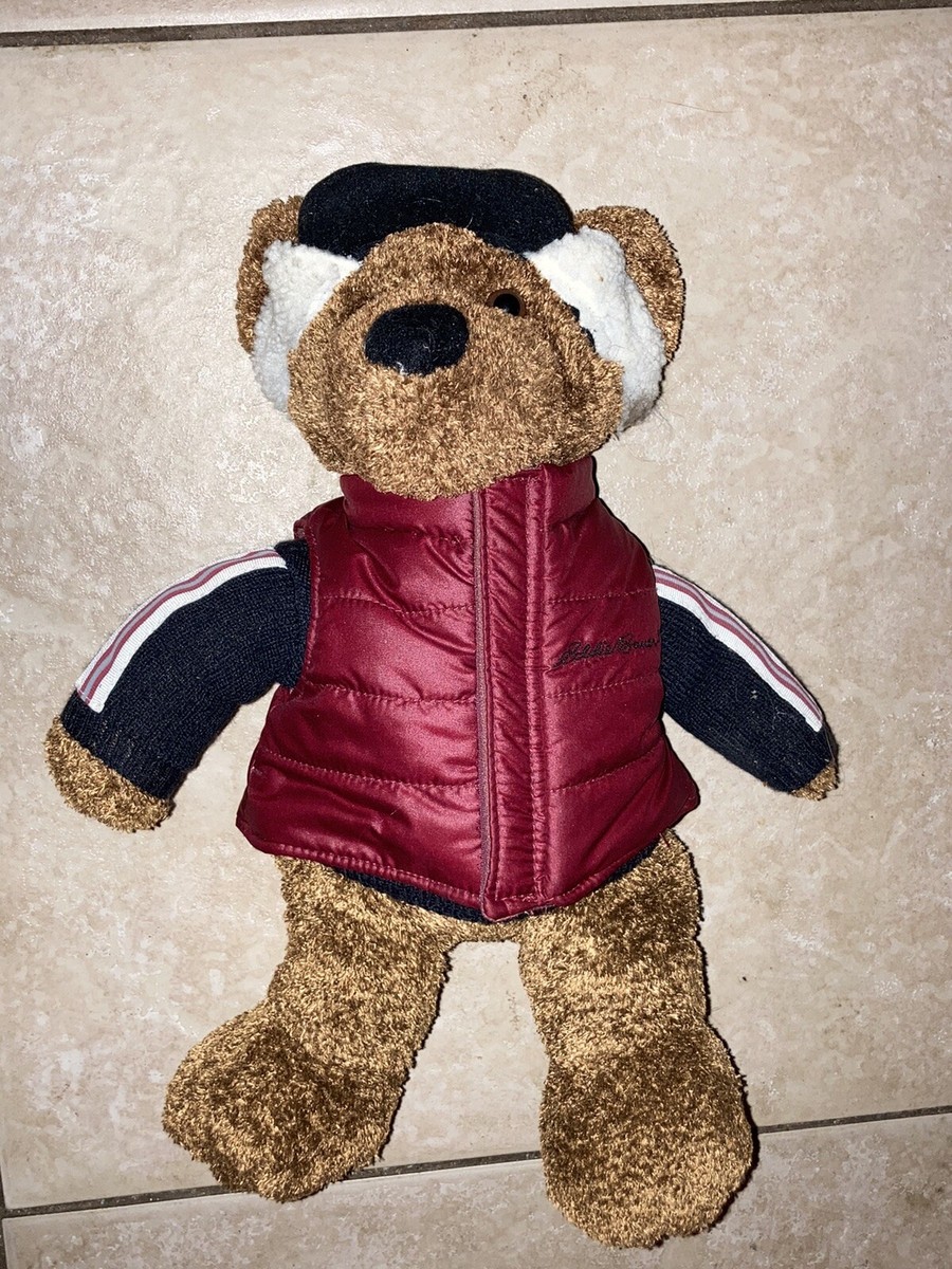 Eddie Bauer 2003 Brown Plush Teddy Bear Hat Red Vest Sweater