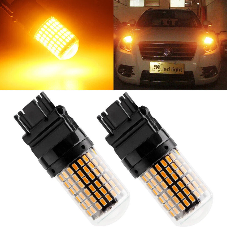 2Pcs Amber T25 3157 LED Canbus 3014 144SMD Car Brake Light Error Free NO Hyper - Image 2 of 4