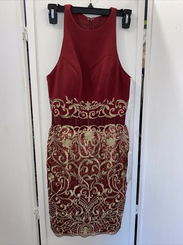 ELLIE WILDE BY MON CHERI STYLE #EW21821S Short Dress Burgundy & Gold Sz 2 NWT