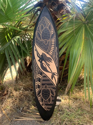 3 Set of Mermaid, Tribal Sea Turtle, Hibiscus Decorative Surfboard Wall Plaques - Picture 3 of 6