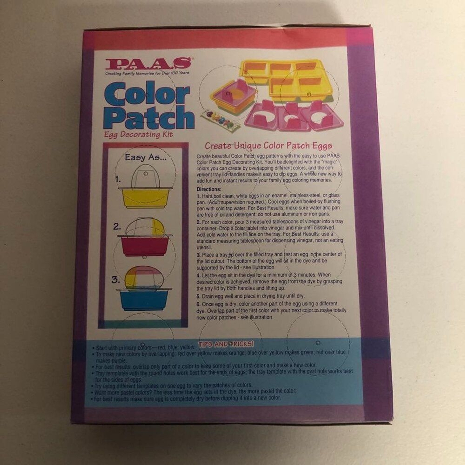 Vintage PAAS Egg Color Set of 3 glitter patch eggs in blue, pink, and yellow with instructions in red and purple boxes.