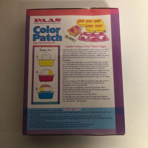 Vintage PAAS Egg Color Set of 3 glitter patch eggs in blue, pink, and yellow with instructions in red and purple boxes.