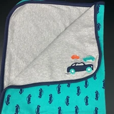 Carters Just One You Teal Green Blue Cars Gray Baby Blanket Cotton Reversible