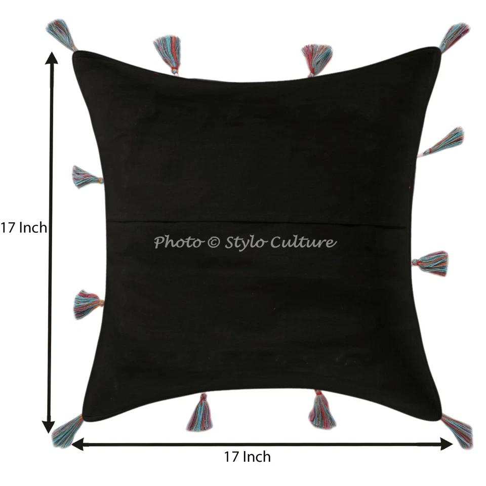 Boho Hippie Yoga Pillow Case Cushion Cover Black Patchwork Embroidered - Image 3 of 4