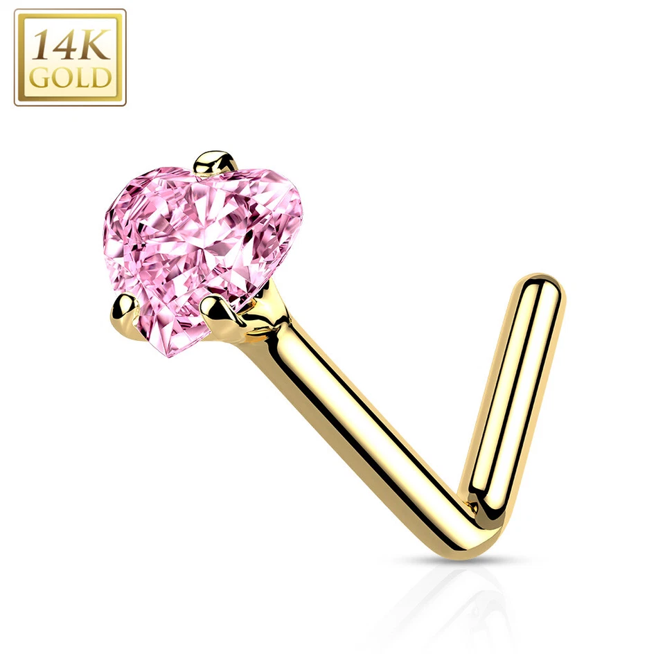Anillo nariz doblada en L de oro amarillo de 14K con corazón de punta circonita cúbica 20G 1/4" Foto 2 de 4