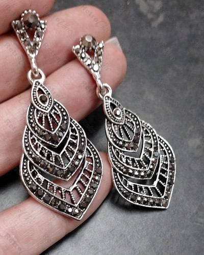 2"long MARCASITE crystal RETRO EARRINGS antique style HEMATITE silver rhinestone - Picture 7 of 11