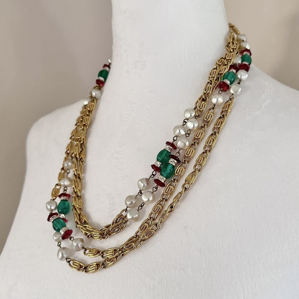 Vintage French Green Poured Glass Bead Red Crystal & Faux Pearl Sautoir