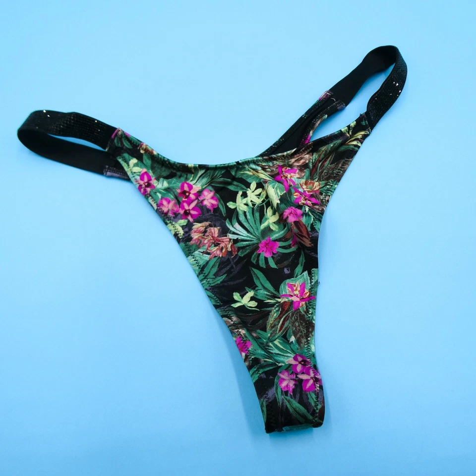 Victorias Secret Medium Green Floral Bling Deep Cut Thong Bikini Bottom Beach - Image 2 of 4