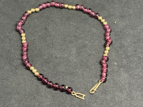 Vintage Gold Filled Polished Round 3mm Garnet Bead Tennis Bracelet 8”