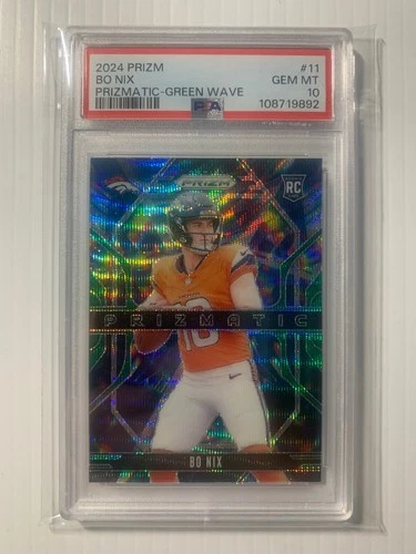 2024 Panini Prizm Bo Nix Rookie Prizmatic Green Wave Prizm PSA 10 Denver Broncos