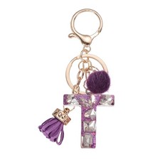 Initial Letter Keychain, Cute Alphabet Letter-T Charm with Tassel Ball, Purple