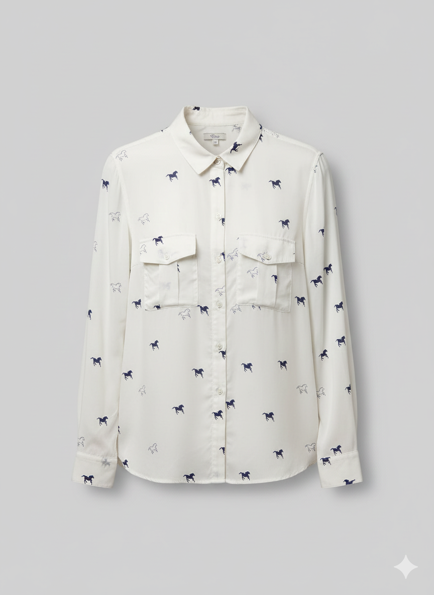 Rails Silk Shirt Top M White Navy Horses Equestrian Old Money Heritage Luxury