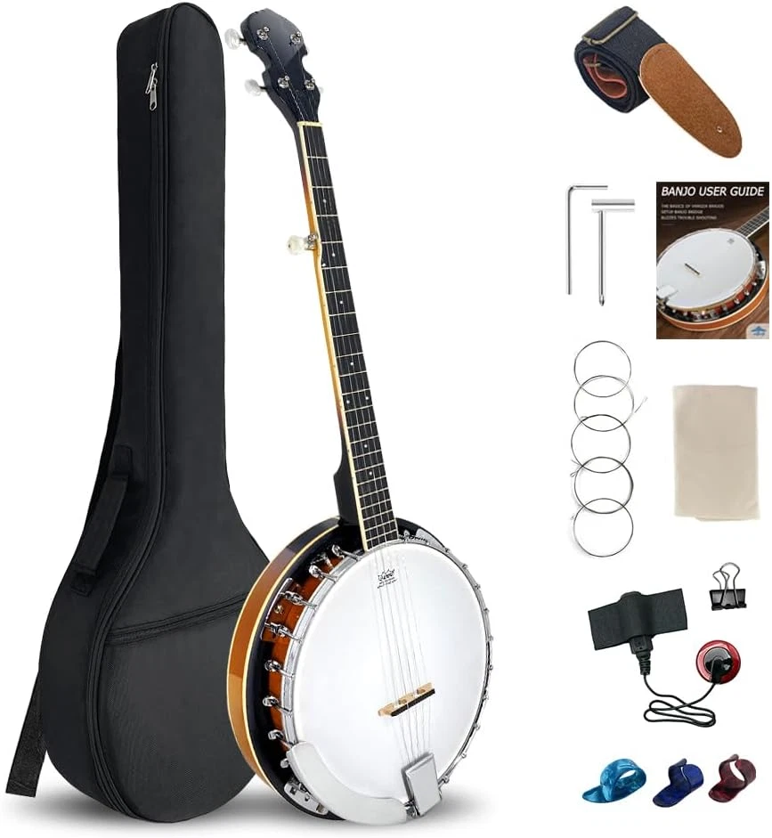 5 String Banjo 38 Inch Full Size, Closed Back Mahogany Banjo with