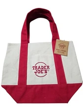 Trader Joe’s Mini Canvas Tote Bag Cream & Red Grocery Shopper Reusable New W/Tag