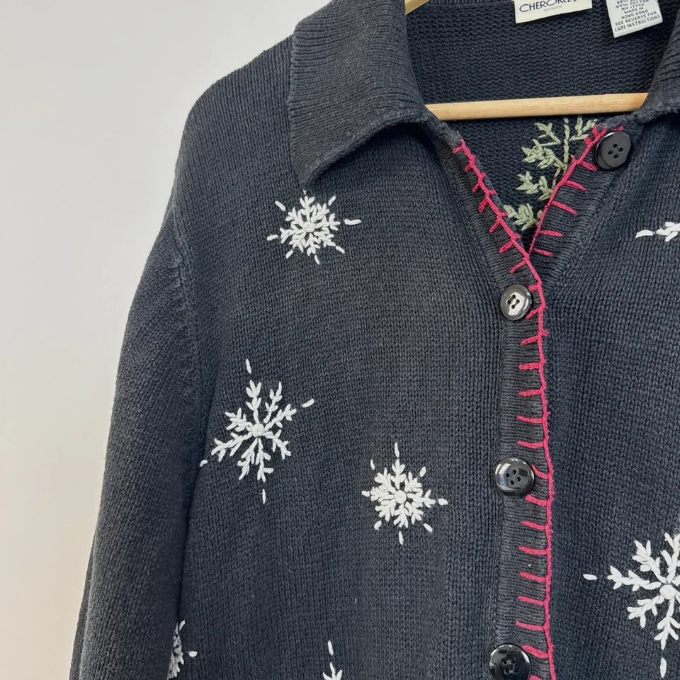 Cárdigan suéter vintage bordado con temática de invierno 14W/16W copos de nieve árboles Foto 3 de 4
