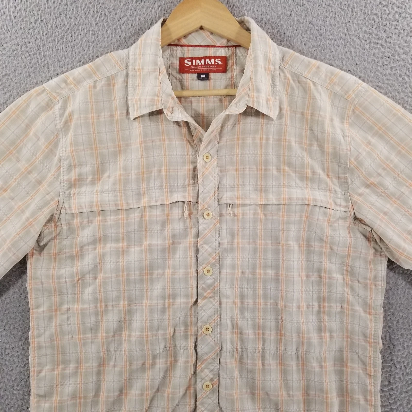 Simms Fishing Shirt Men Medium Plaid Outdoor Performance Seersucker Hiking Nylon