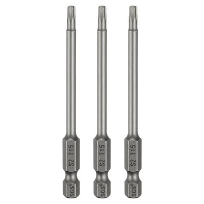 3pcs T15 Torx Head Screwdriver Bit 1/4'' Hex Shank 3.15'' Long Magnetic No Hole