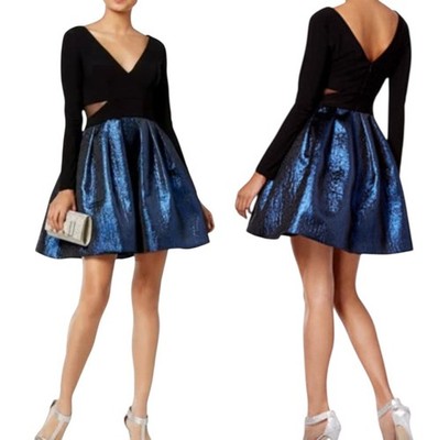 XSCAPE Dress Blue Lurex Brocade Fit Flare Mesh Insert Size Petite  Homecoming