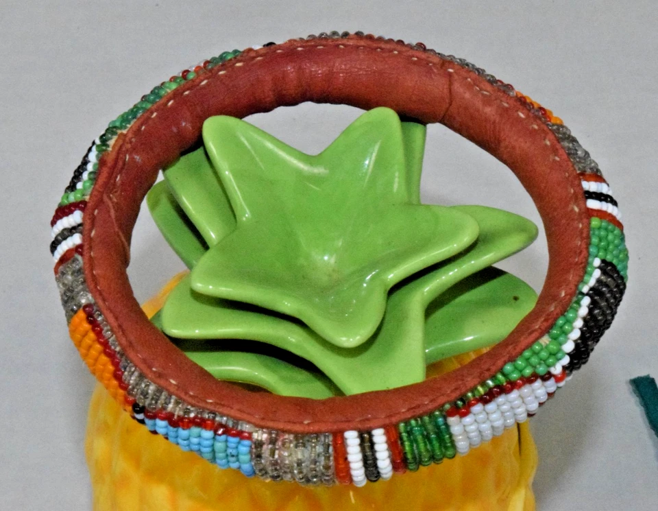 Vintage Bangle Bracelet Early 60s Leather Beaded Mackinac Island Souvenir 4 In - Image 4 of 4