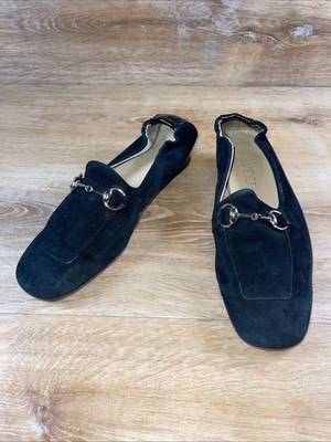 Authenticated Vintage Suede Gucci Black Slippers W Horsebit Size 9.5 B As Is