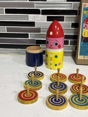 Vintage Japan Rocket Clown Spinning Top Toy Set Wood Tops Launcher