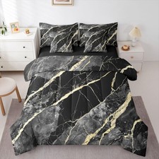 Black Grey Marble Bed in A Bag 7 Pc Comforter Set Golden Cracked Lines