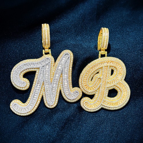Hip Hop Custom A-Z Cursive Letters Pendant Necklace 5A T Zircon Mens Jewelry - Picture 21 of 25
