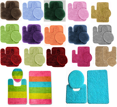 3PC #6 BATHRUG CONTOUR MAT TOILET LID COVER COMPLETE BATHROOM SET RUBBER BACKING