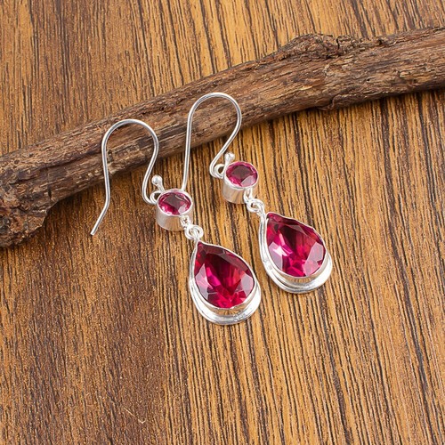 Wedding Gift For Her 925 Silver Natural Pink Tourmaline Gemstone Earrings - Picture 3 of 6