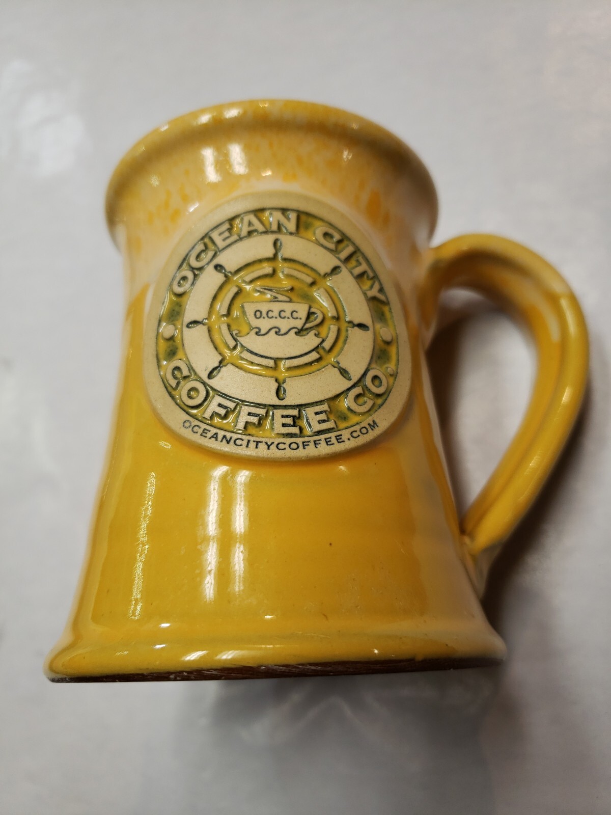2014 DENEEN POTTERY Ocean City Coffee Co. MUG Yellow Dripped Glaze Hand Thrown eBay