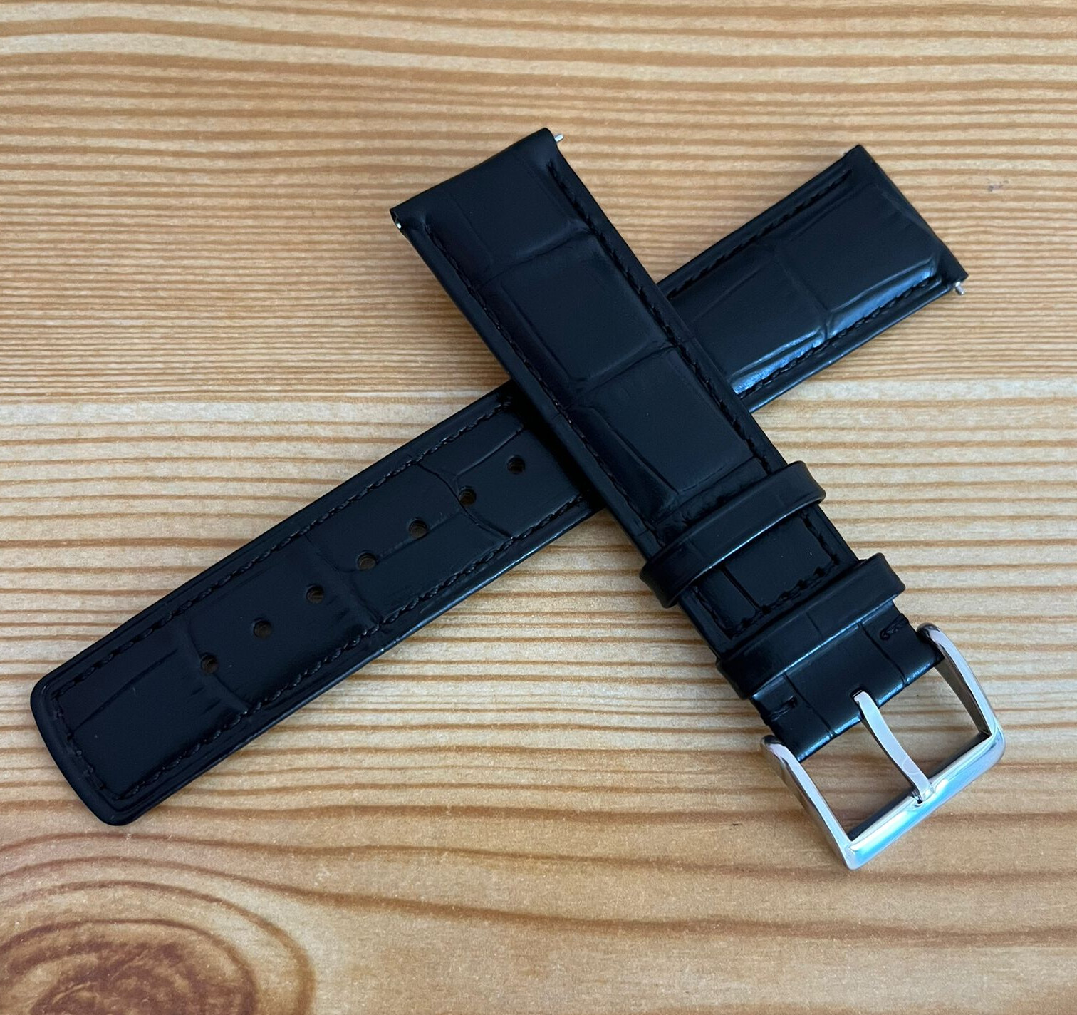 Black Crocodile Top Grain Leather Watch Strap with Quick Release Spring Bar