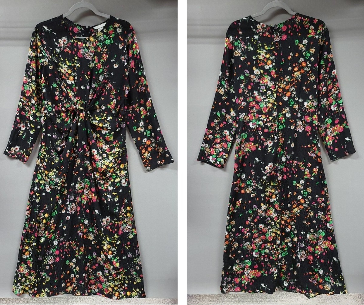 H&M Dress Womens Medium Black Floral Knot Front Long Sleeve Maxi Modest | eBay H&M Dress Womens Medium Black Floral Knot Front Long Sleeve Maxi Modest | eBay