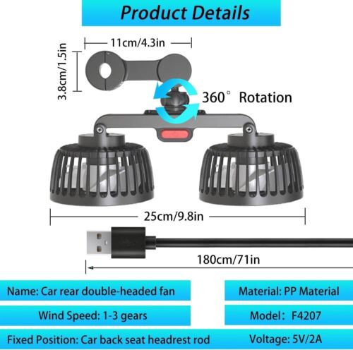 12/24V Car Cooling Fan for Backseat, 360°Adjustable Car Cooling Fan AU - Picture 6 of 8