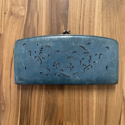Hobo Int. VintageWallet Teal Distressed Leather Kiss Lock Open Floral
