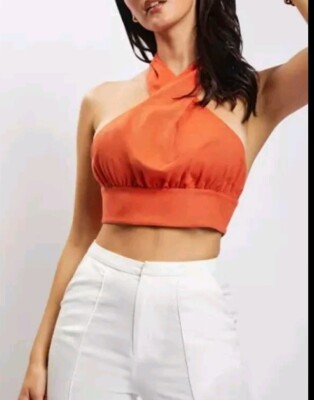 Meshki Top Womens Medium Piper Linen Halter Top Crop Beach Boho Peasant NWT