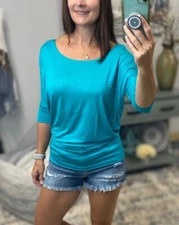 Sexy Dolman Wide Scoop Open Neck Batwing Blouse Top Shirt Teal S/M/L