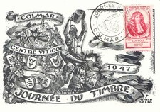 FRANKREICH 1947 Tag der Briefmarke a. selt. Kab.-Maximumkarte m. ESST von COLMAR
