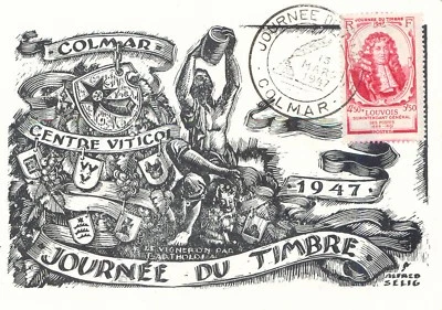 FRANKREICH 1947 Tag der Briefmarke a. selt. Kab.-Maximumkarte m. ESST von COLMAR - Bild 1 von 2
