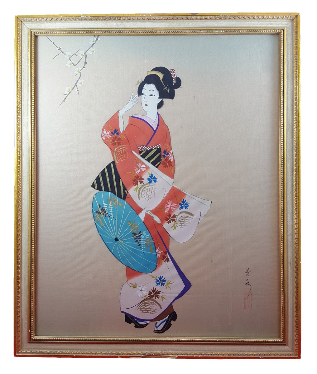 Vintage Japanese Geisha Girl Silk Painting Old on Red Kimono