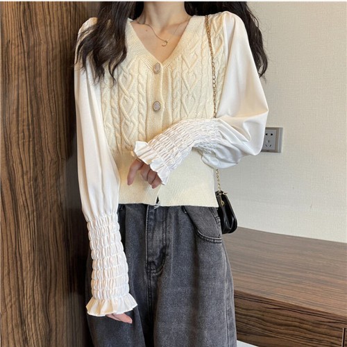 Women Ribbed Knit Cardigan Shirt Crop Top Puff Sleeves Sweater Jumper Korean - Picture 15 of 16